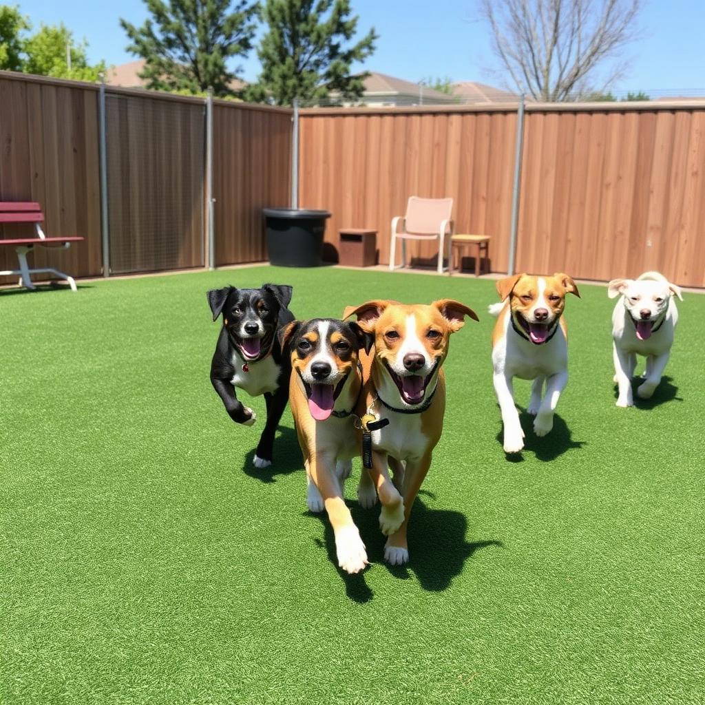 Patio exterior con perritos jugando en Barking House